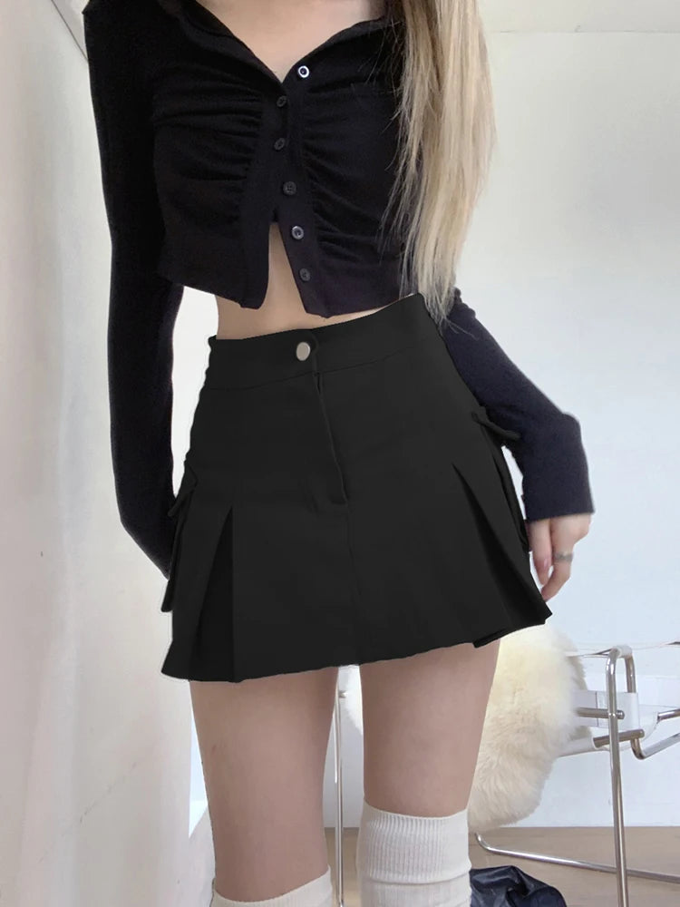HEYounGIRL Kawaii Women Solid Cargo Mini Skirt Preppy Style High Waist Casual Jeans Tennis Skirts Korean Street Y2K Short Skirt